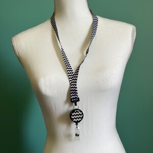 Black and White Striped Fabric Lanyard Necklace